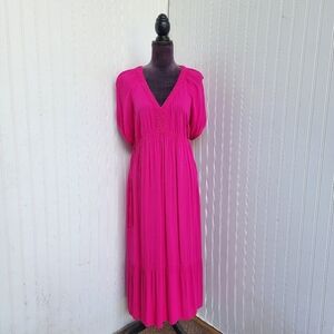open lace back dress Pink Crochet Top Maxi Dress With Open Back and Frayed Hem main image 1